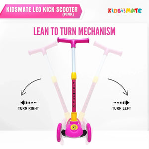 Kidsmate Leo Kick Scooter in black, designed for kids with 3 adjustable height settings, broad PVC wheels, and a reliable rare brake. Its foldable design makes storage and transport easy." www.usmile.toys www.usmile.toys