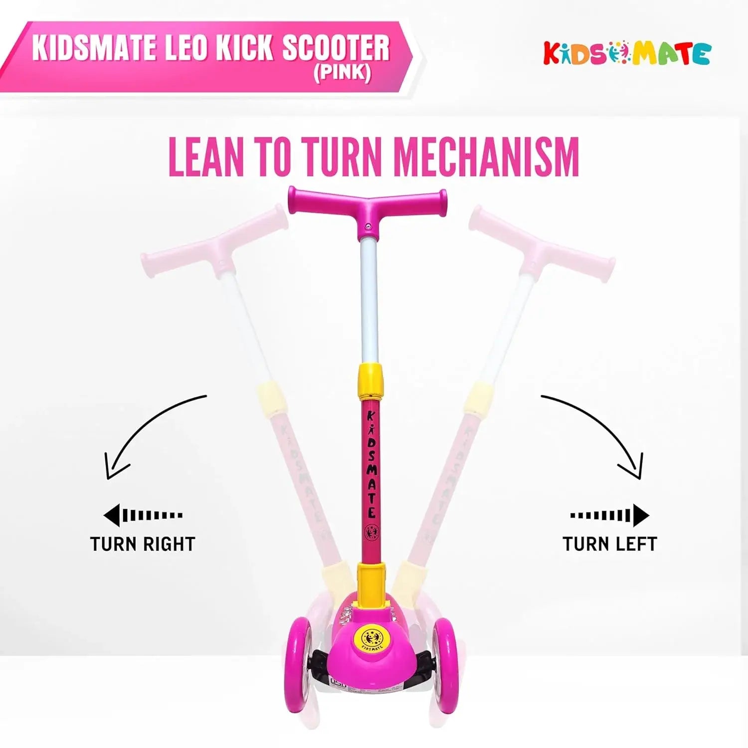 Kidsmate Leo Kick Scooter in black, designed for kids with 3 adjustable height settings, broad PVC wheels, and a reliable rare brake. Its foldable design makes storage and transport easy." www.usmile.toys www.usmile.toys