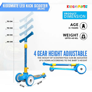 Kidsmate Leo Kick Scooter in black, designed for kids with 3 adjustable height settings, broad PVC wheels, and a reliable rare brake. Its foldable design makes storage and transport easy." www.usmile.toys www.usmile.toys