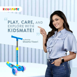 Blue Kidsmate Rider Pro 3-Wheel Kick Scooter with broad PU LED light-up wheels, perfect for boys and girls aged 2-12 years. Enhances balance and motor skills. Usmile Toys." www.usmile.toys