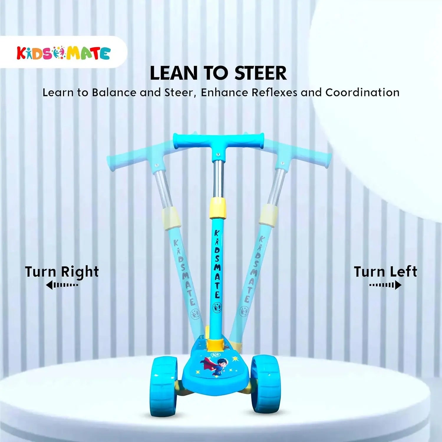Blue Kidsmate Rider Pro 3-Wheel Kick Scooter with broad PU LED light-up wheels, perfect for boys and girls aged 2-12 years. Enhances balance and motor skills. Usmile Toys." www.usmile.toys 