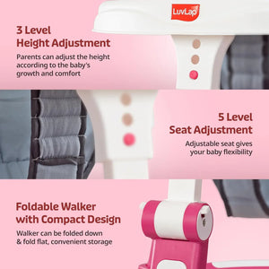 Pink and white LuvLap 360° Joy baby walker with height adjustment and activity tray. www.usmile.toys