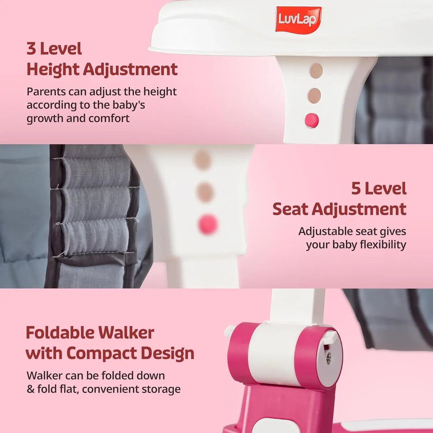 Pink and white LuvLap 360° Joy baby walker with height adjustment and activity tray. www.usmile.toys