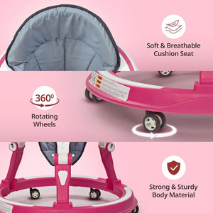 LuvLap 360° Joy baby walker in pink and white, featuring a comfortable gray padded seat, multi-level height adjustment, and engaging toys on the activity tray for infants 9+ months.  www.usmile.toys