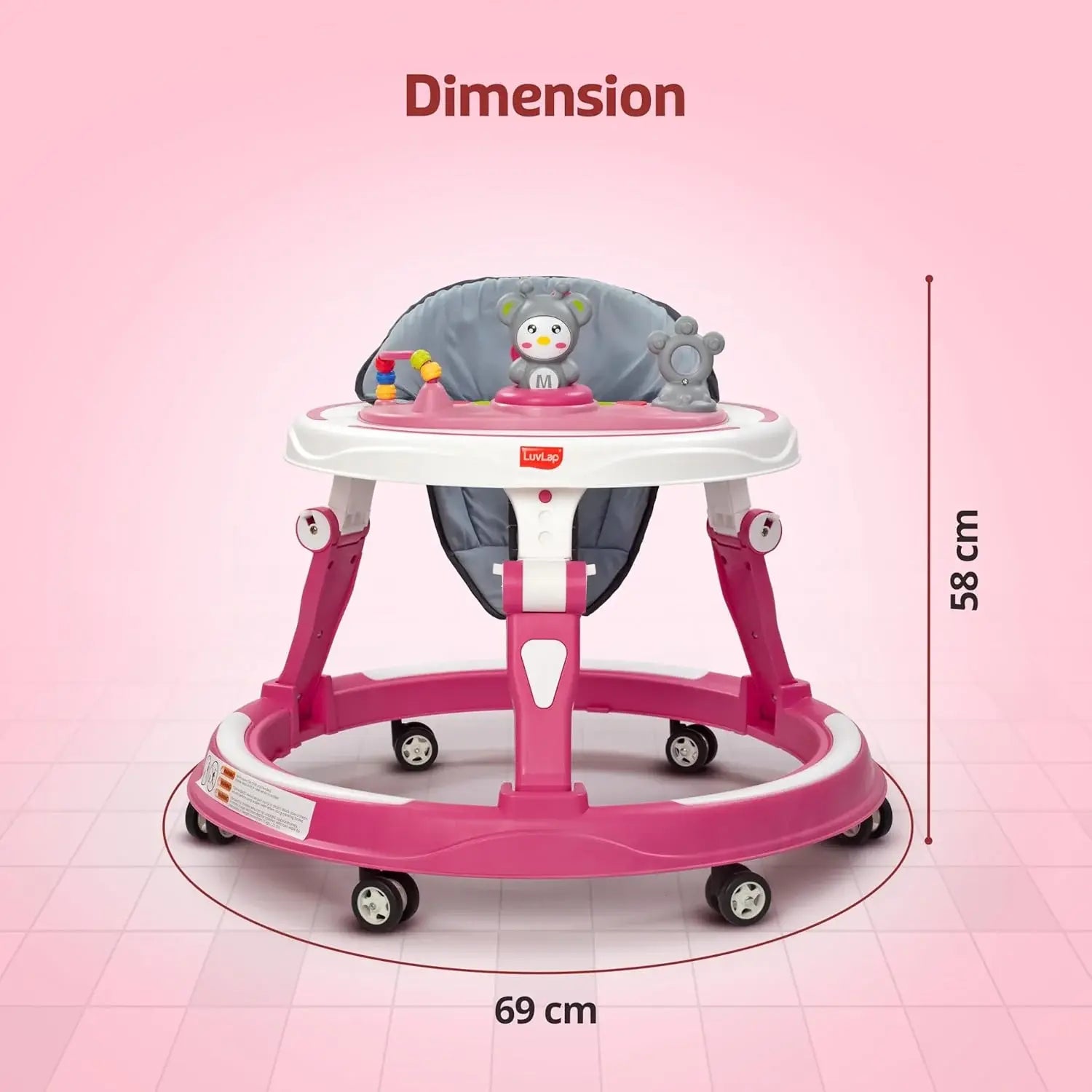 LuvLap 360° Joy baby walker in pink and white, featuring a comfortable gray padded seat, multi-level height adjustment, and engaging toys on the activity tray for infants 9+ months.  www.usmile.toys