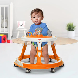 Bright orange baby walker with stimulating toys, designed for promoting baby's mobility and development. www.usmile.toys