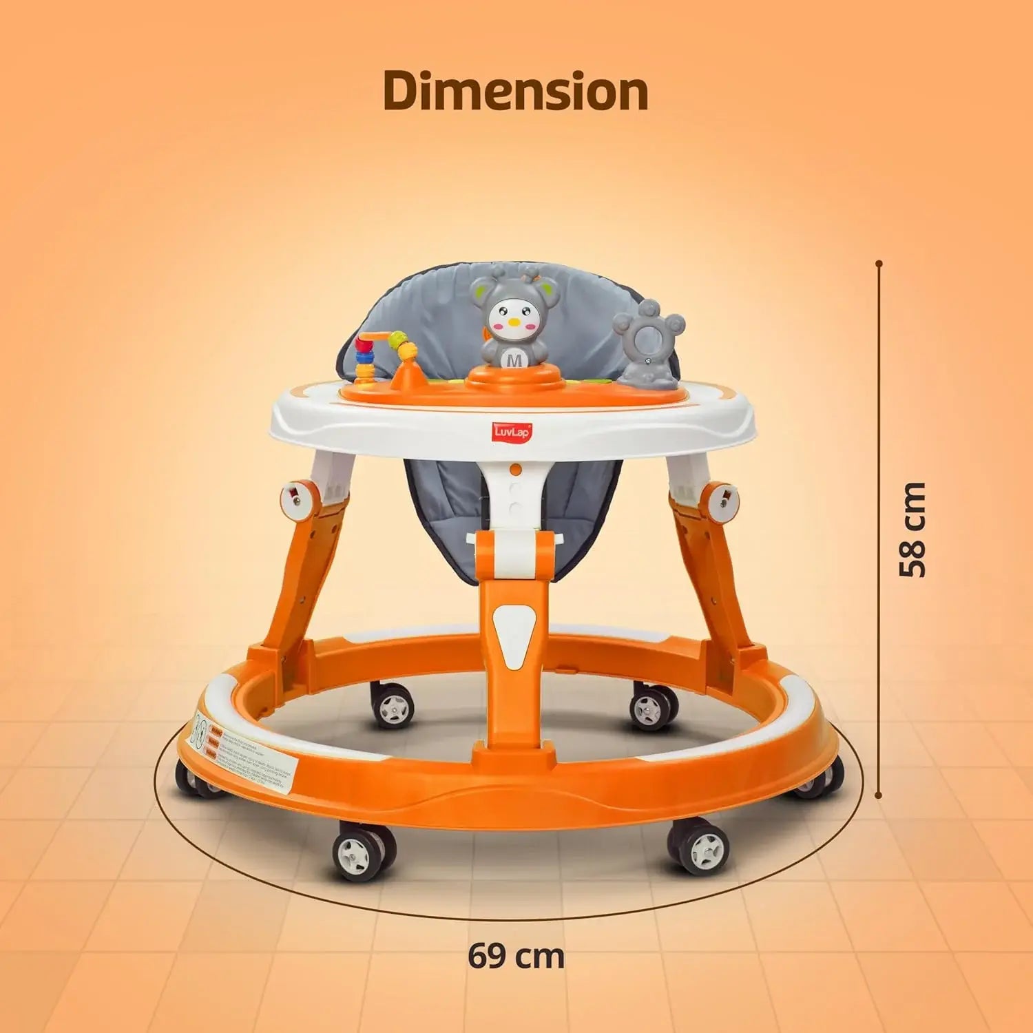 Usmile Toys LuvLap 360° Joy baby walker in orange, offering stable support and engaging playtime for toddlers.