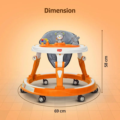 Usmile Toys LuvLap 360° Joy baby walker in orange, offering stable support and engaging playtime for toddlers.