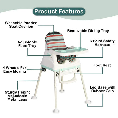 LuvLap 3-in-1 baby high chair, convertible to a toddler feeding booster seat with wheels and a low chair, paired with two LuvLap bed rail guards for baby and kids' safety, one purple with animal print and one green with circus theme. Perfect for usmile.toys. www.usmile.toys