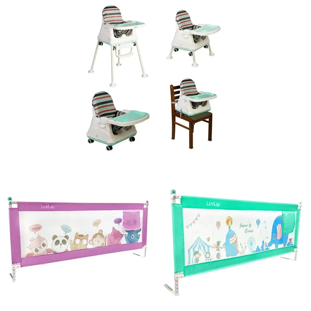  LuvLap 3-in-1 baby high chair, convertible to a toddler feeding booster seat with wheels and a low chair, paired with two LuvLap bed rail guards for baby and kids' safety, one purple with animal print and one green with circus theme. Perfect for usmile.toys. www.usmile.toys