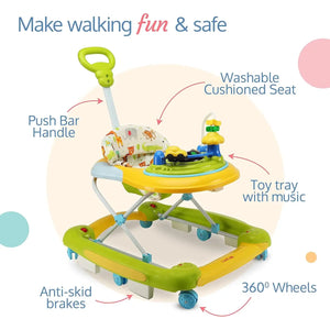 LuvLap Comfy yellow and green baby walker with an adjustable handle, musical toys, and anti-fall, anti-skid safety features for infants www.usmile.toys