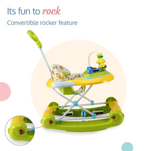 Bright yellow and green baby walker and rocker, providing a safe and engaging play experience with lights, music, and parental control. www.usmile.toys