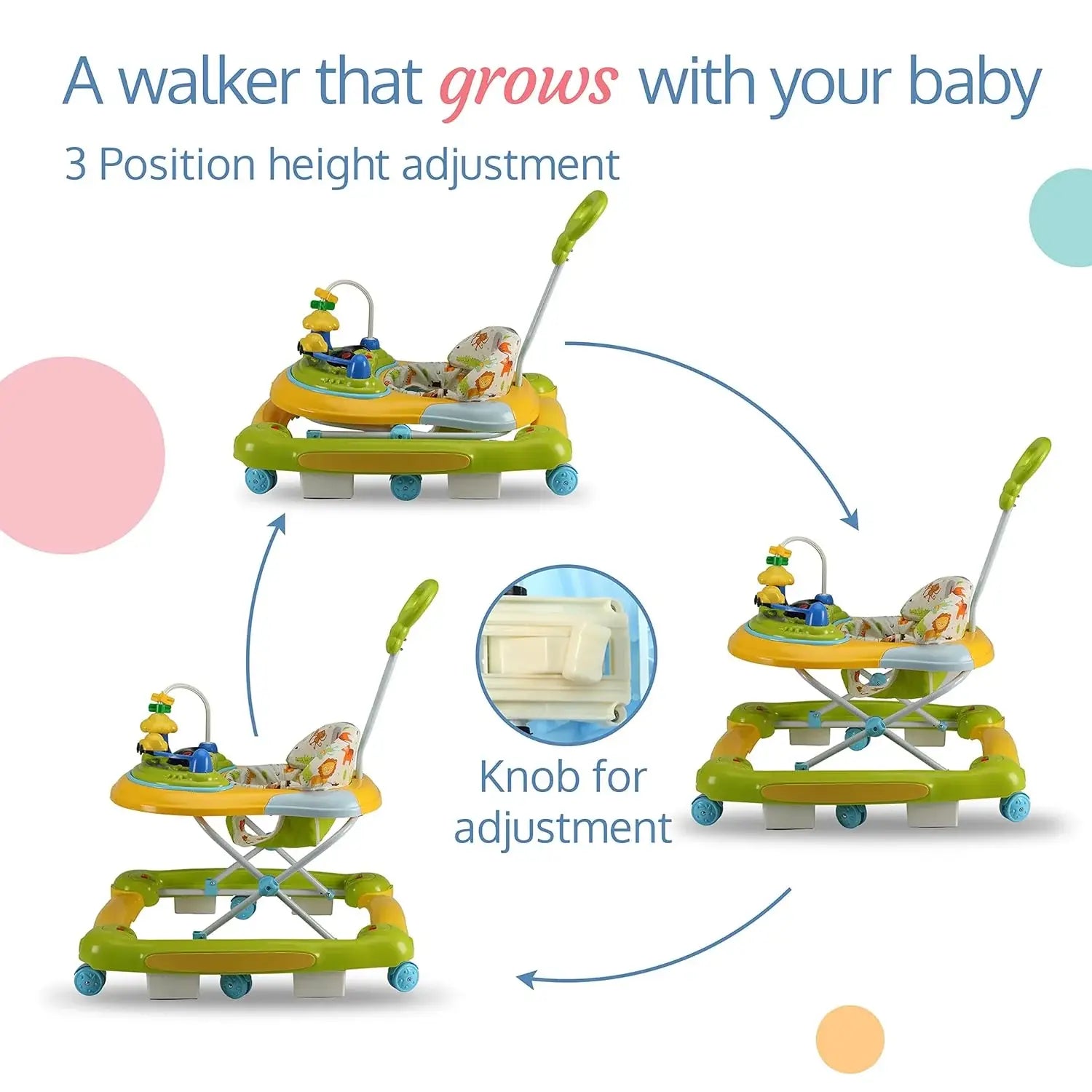 Bright yellow and green baby walker and rocker, providing a safe and engaging play experience with lights, music, and parental control. www.usmile.toys