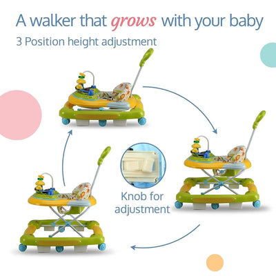 Bright yellow and green baby walker and rocker, providing a safe and engaging play experience with lights, music, and parental control. www.usmile.toys