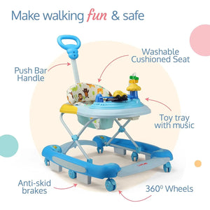 Usmile Toys LuvLap Comfy 2-in-1 baby walker in yellow and green, featuring a cushioned seat with animal print and integrated rattling toys. www.usmile.toys