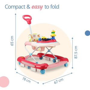 Usmile Toys LuvLap Comfy 2-in-1 baby walker in yellow and green, featuring a cushioned seat with animal print and integrated rattling toys. www.usmile.toys