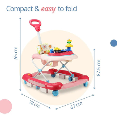 Usmile Toys LuvLap Comfy 2-in-1 baby walker in yellow and green, featuring a cushioned seat with animal print and integrated rattling toys. www.usmile.toys