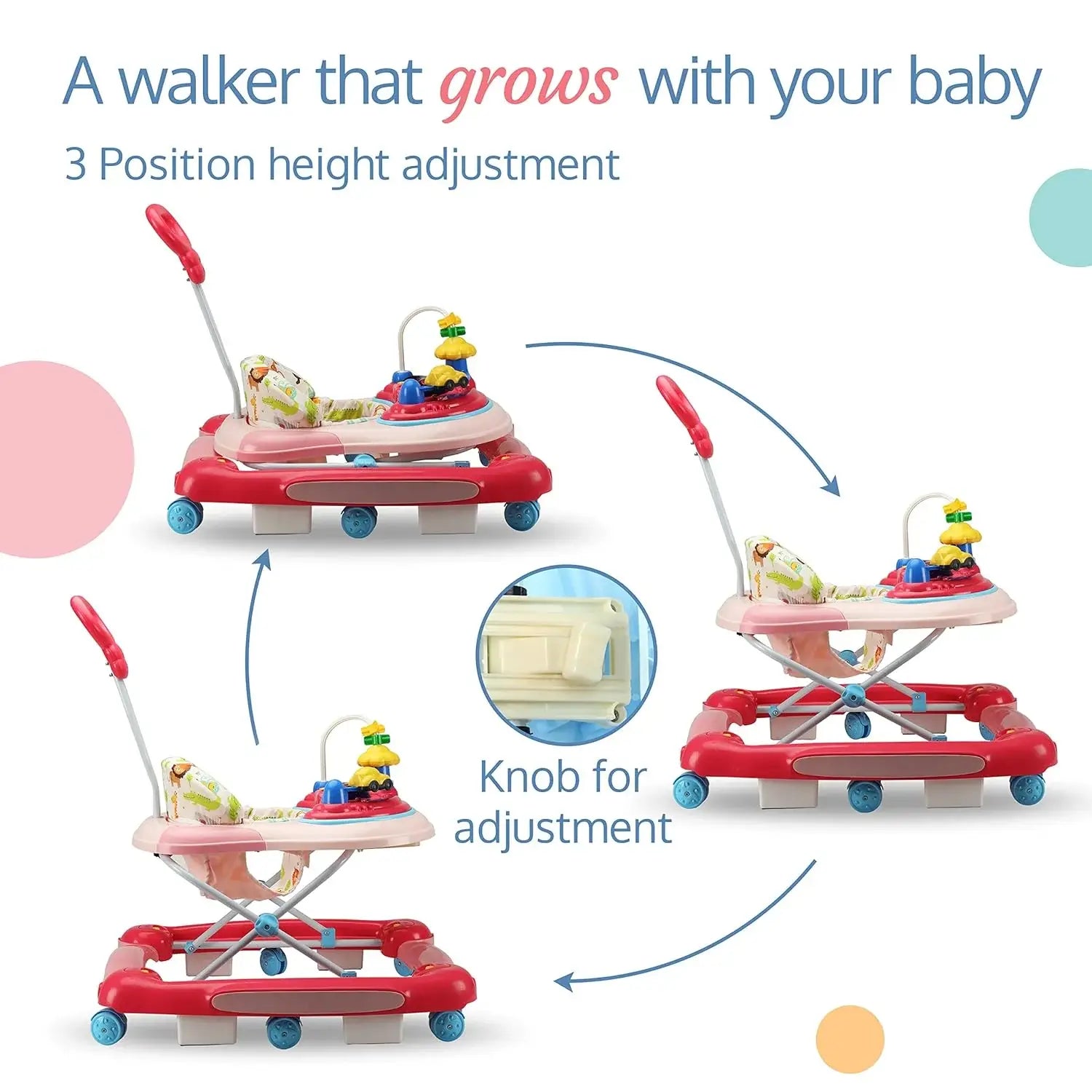 Front-facing view of a yellow and green baby walker with a patterned seat, a green parent handle, and multi-colored activity toys on its tray. www.usmile.toys 