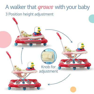 Front-facing view of a yellow and green baby walker with a patterned seat, a green parent handle, and multi-colored activity toys on its tray. www.usmile.toys 
