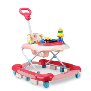 Usmile Toys LuvLap Comfy 2-in-1 baby walker in yellow and green, featuring a cushioned seat with animal print and integrated rattling toys. www.usmile.toys