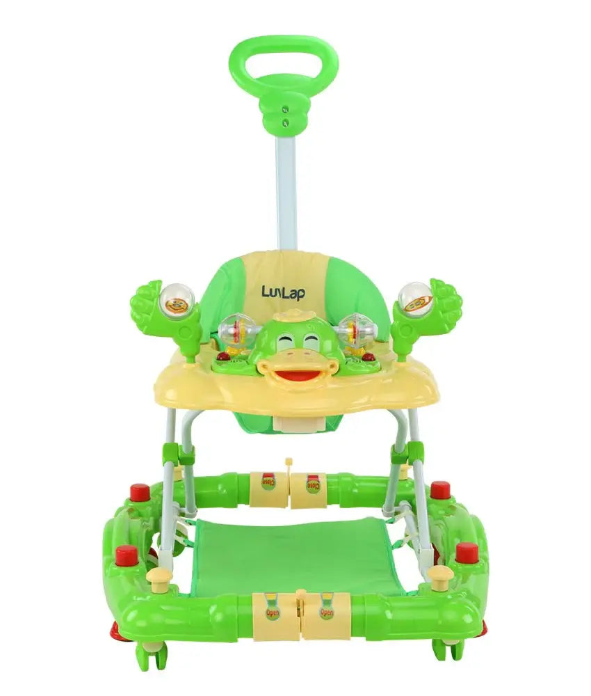 LuvLap Comfy 2-in-1 baby walker and rocker in bright green and yellow, featuring a high back seat and interactive activity tray. www.usmile.toys