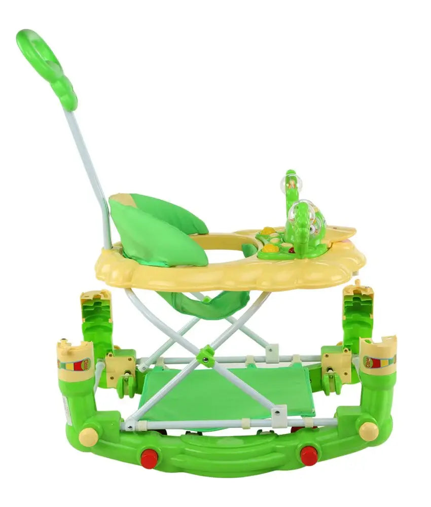 LuvLap Comfy 2-in-1 baby walker and rocker in bright green and yellow, featuring a high back seat and interactive activity tray. www.usmile.toys