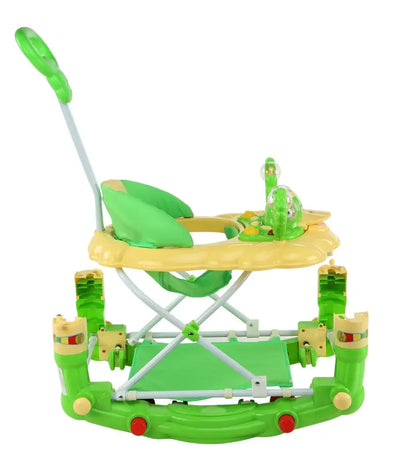 LuvLap Comfy 2-in-1 baby walker and rocker in bright green and yellow, featuring a high back seat and interactive activity tray. www.usmile.toys