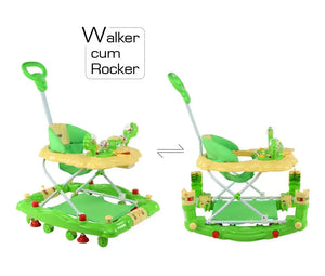 Engaging green and yellow baby walker with rocker mode, promoting child development and mobility. www.usmile.toys