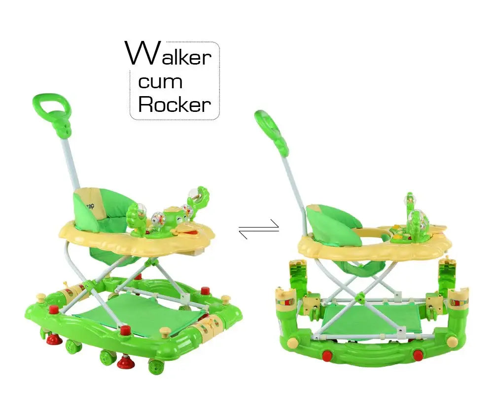 Engaging green and yellow baby walker with rocker mode, promoting child development and mobility. www.usmile.toys