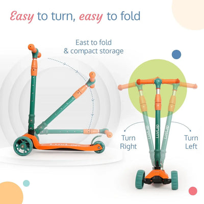 LuvLap Joy 3-Wheel Kick Scooter with vibrant orange and green design, ideal for kids, featuring LED light-up wheels for added visibility and excitement during rides." www.usmile.toys
