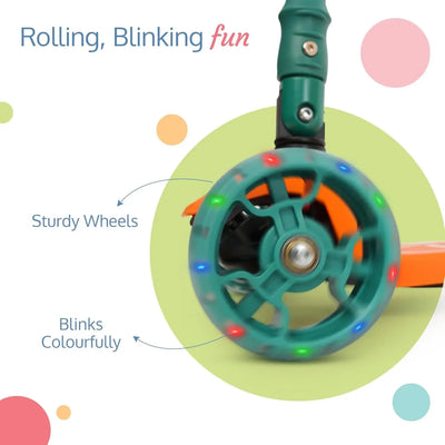 LuvLap Joy 3-Wheel Kick Scooter with vibrant orange and green design, ideal for kids, featuring LED light-up wheels for added visibility and excitement during rides." www.usmile.toys 