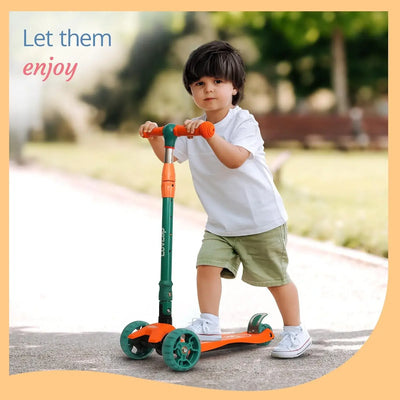 LuvLap Joy 3-Wheel Kick Scooter with vibrant orange and green design, ideal for kids, featuring LED light-up wheels for added visibility and excitement during rides." www.usmile.toys