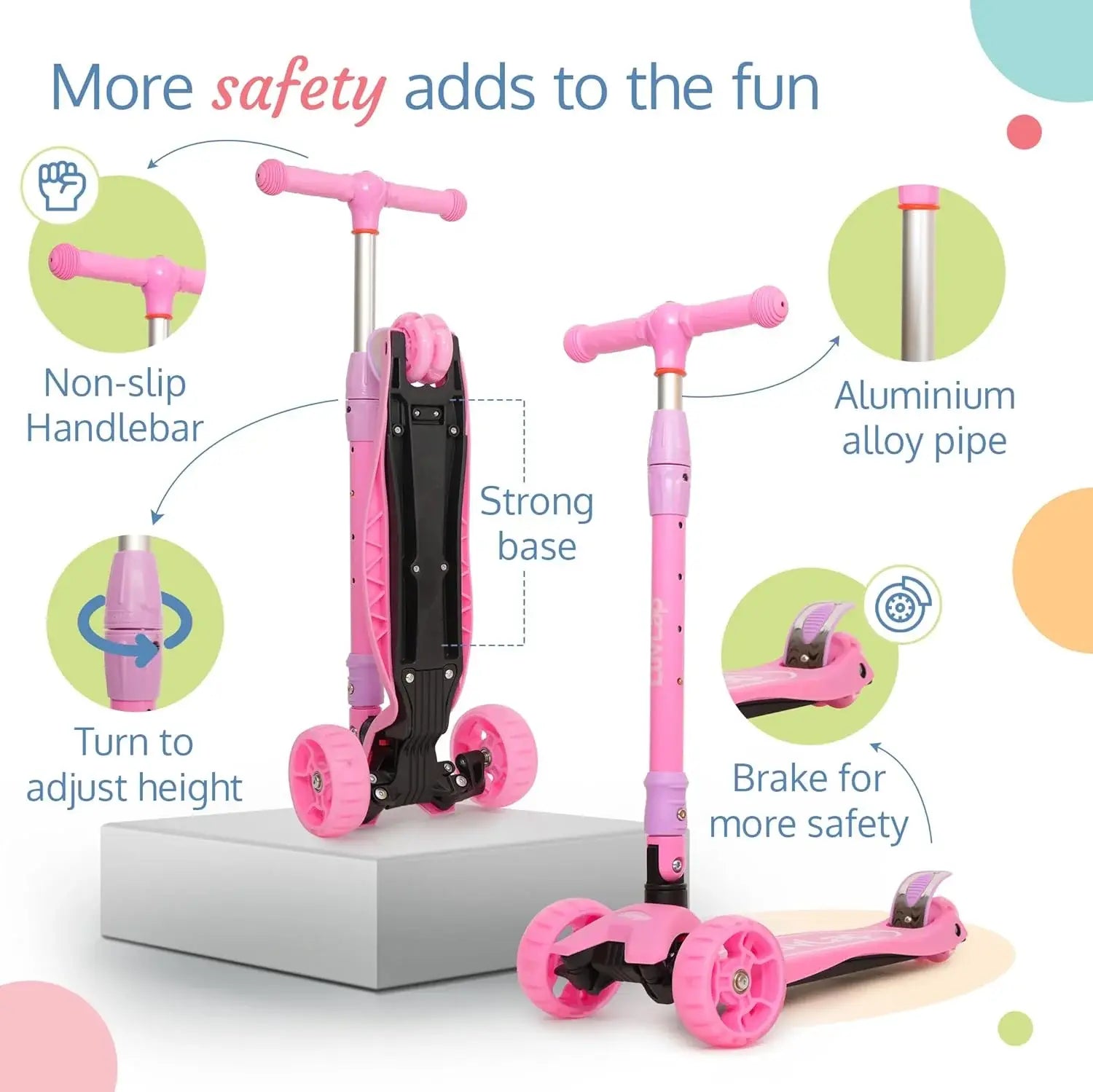 LuvLap Joy 3-Wheel Kick Scooter with vibrant orange and green design, ideal for kids, featuring LED light-up wheels for added visibility and excitement during rides." www.usmile.toys