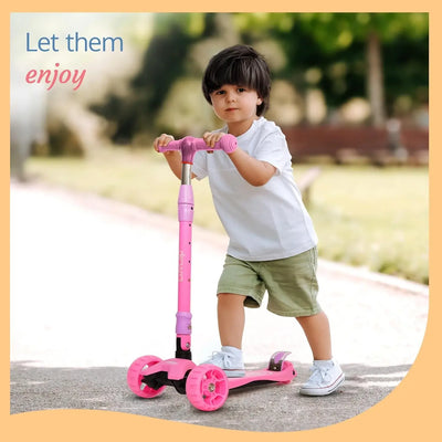 LuvLap Joy 3-Wheel Kick Scooter with vibrant orange and green design, ideal for kids, featuring LED light-up wheels for added visibility and excitement during rides." www.usmile.toys