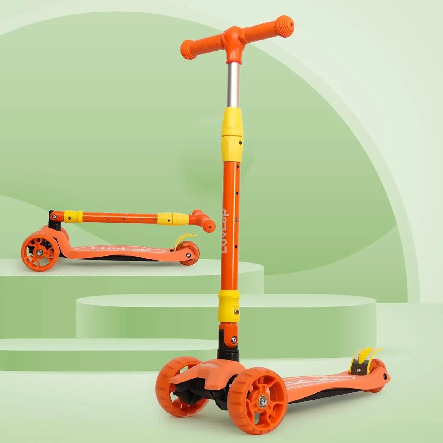 LuvLap Joy 3-Wheel Kick Scooter with vibrant orange and green design, ideal for kids, featuring LED light-up wheels for added visibility and excitement during rides." www.usmile.toys