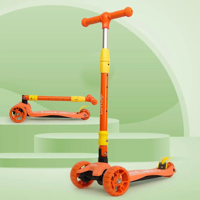 LuvLap Joy 3-Wheel Kick Scooter with vibrant orange and green design, ideal for kids, featuring LED light-up wheels for added visibility and excitement during rides." www.usmile.toys