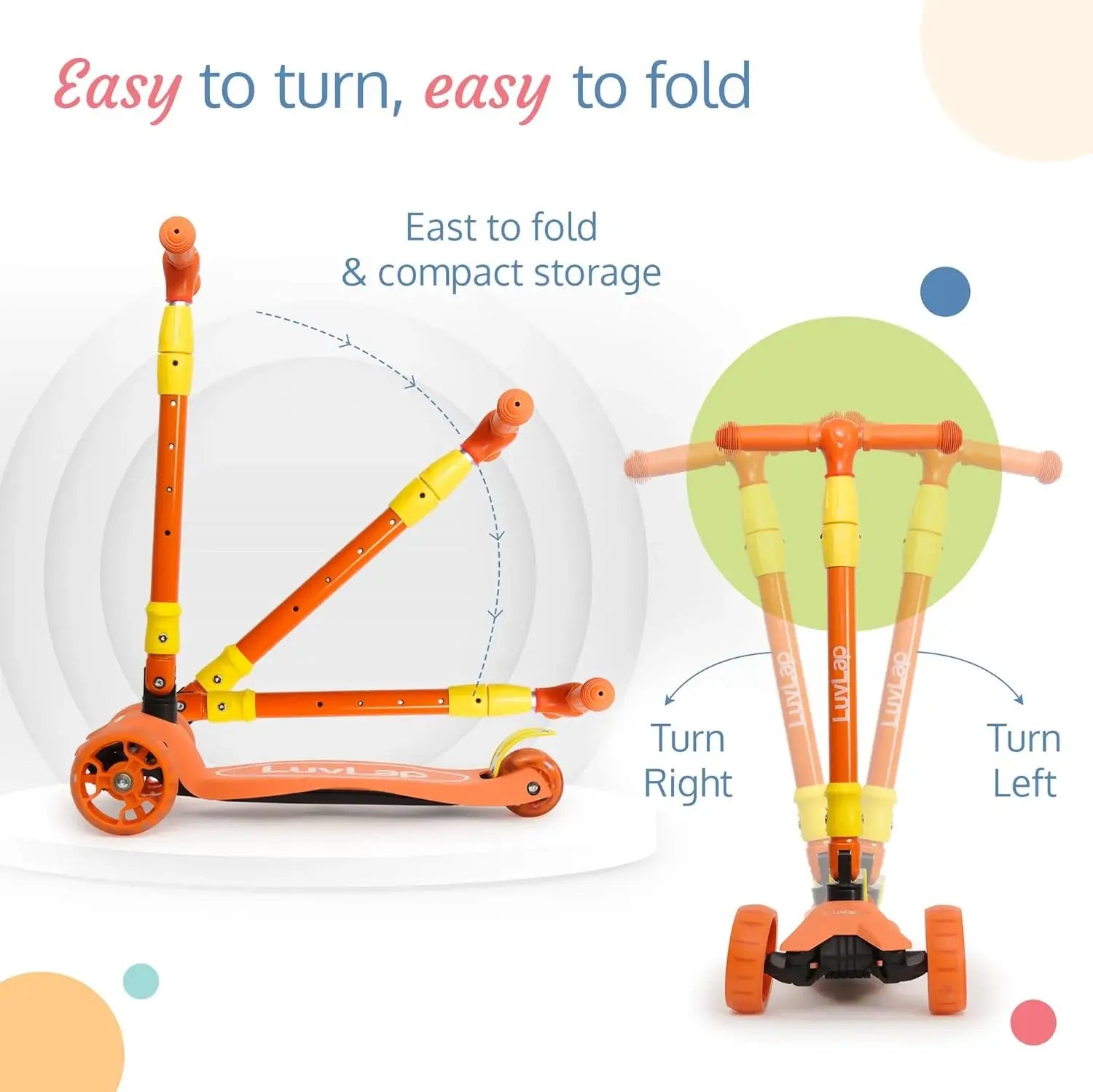 LuvLap Joy 3-Wheel Kick Scooter with vibrant orange and green design, ideal for kids, featuring LED light-up wheels for added visibility and excitement during rides." www.usmile.toys