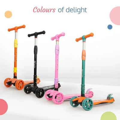 LuvLap Joy 3-Wheel Kick Scooter with vibrant orange and green design, ideal for kids, featuring LED light-up wheels for added visibility and excitement during rides." www.usmile.toys