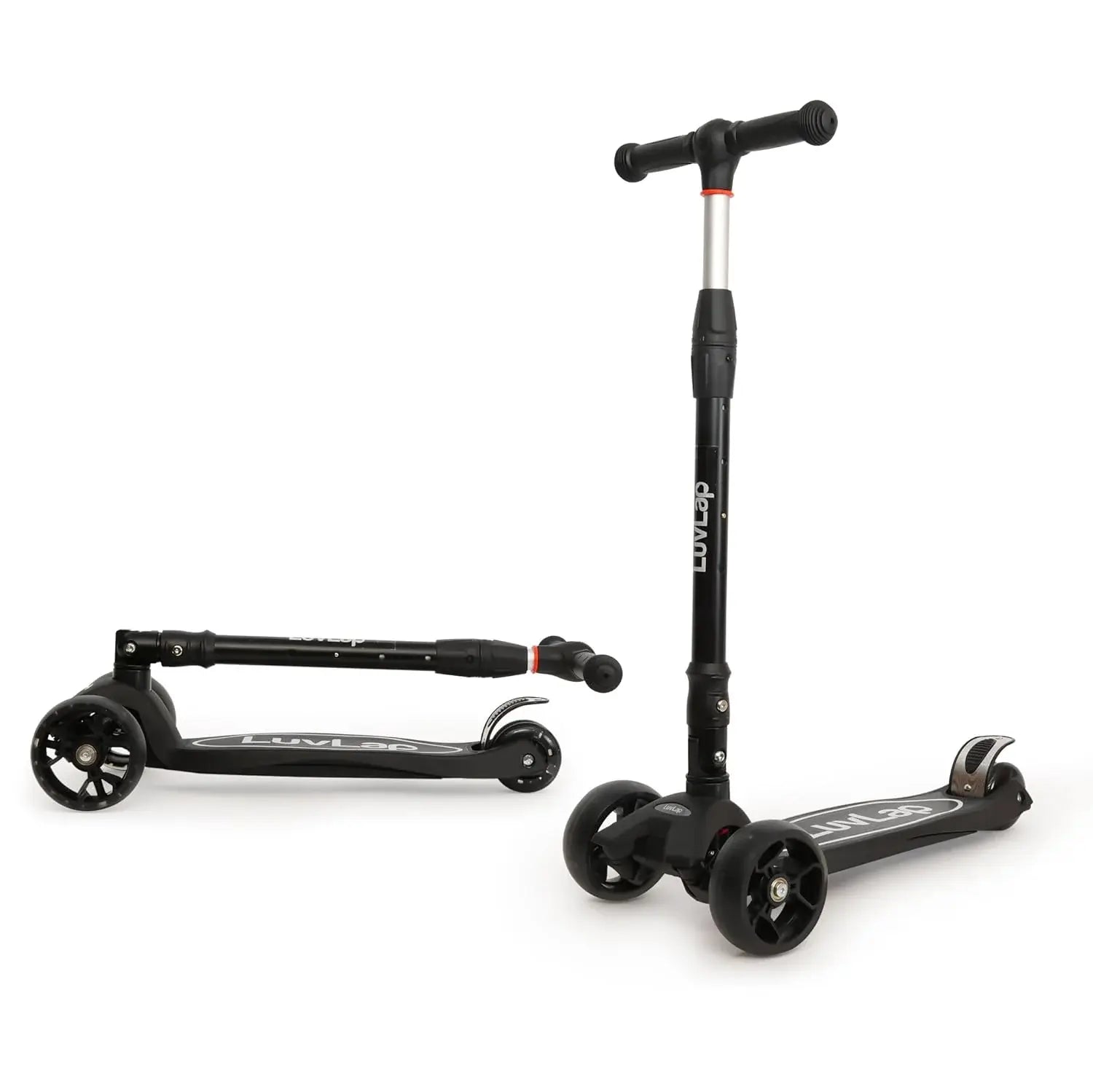 LuvLap Joy 3-Wheel Kick Scooter with vibrant orange and green design, ideal for kids, featuring LED light-up wheels for added visibility and excitement during rides." www.usmile.toys