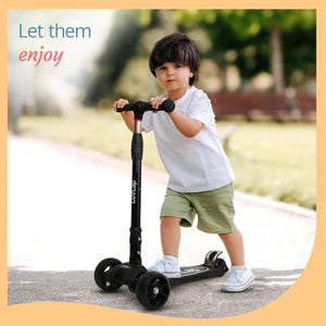 LuvLap Joy 3-Wheel Kick Scooter with vibrant orange and green design, ideal for kids, featuring LED light-up wheels for added visibility and excitement during rides." www.usmile.toys