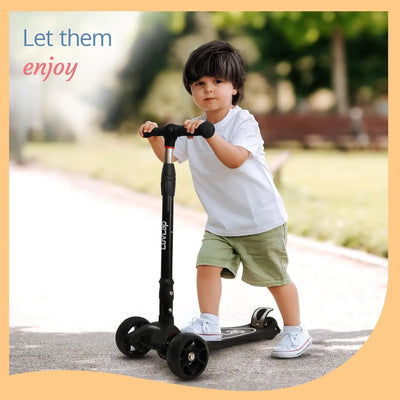 LuvLap Joy 3-Wheel Kick Scooter with vibrant orange and green design, ideal for kids, featuring LED light-up wheels for added visibility and excitement during rides." www.usmile.toys