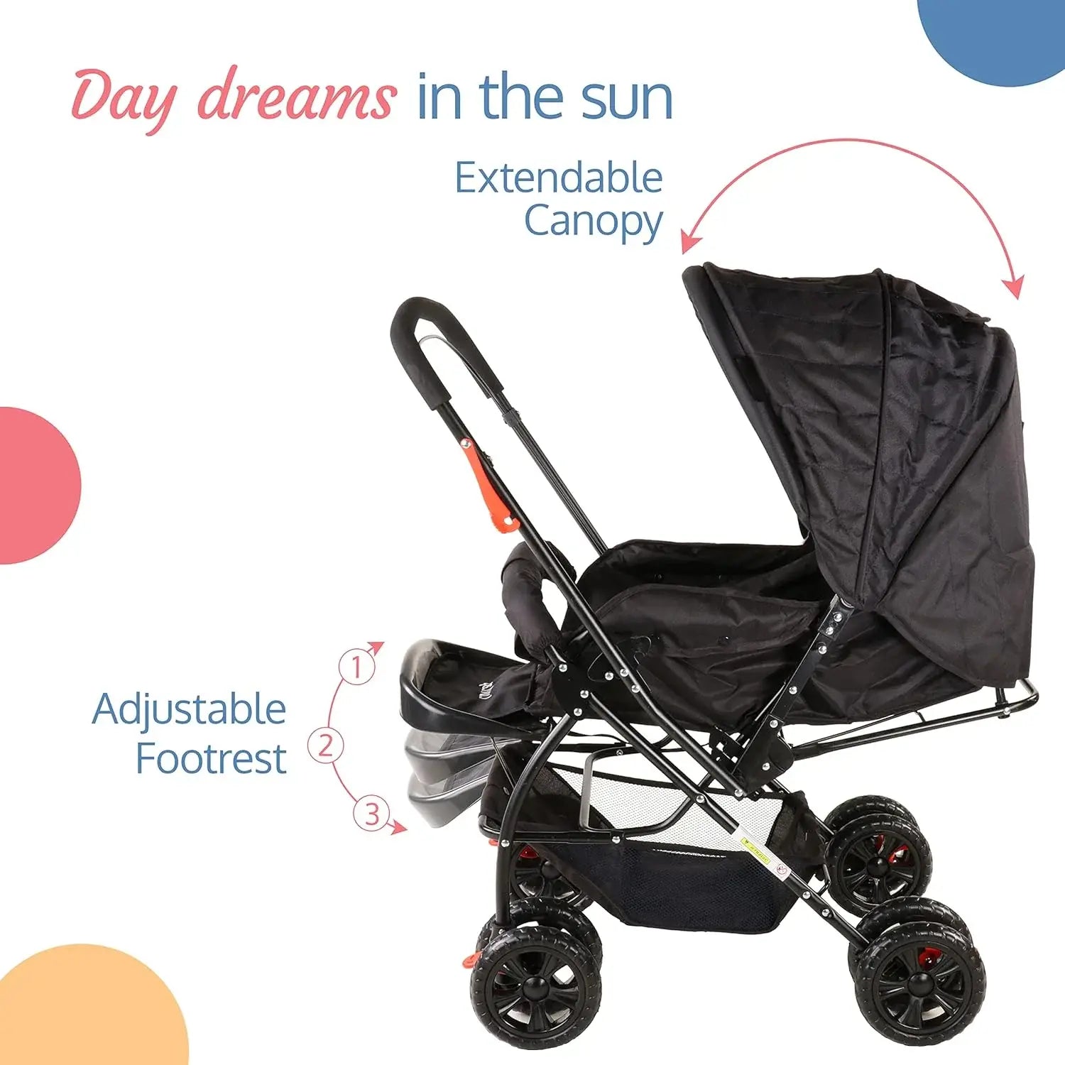 LuvLap Starshine Baby Stroller in black, featuring a canopy, padded seat, and storage basket. A comfortable and safe pram for infants and toddlers on usmile.toys. www.usmile.toys
