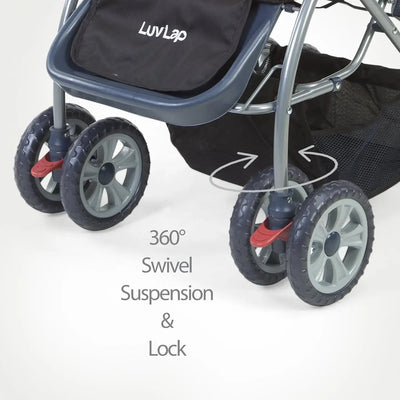 Black LuvLap Starshine baby pram with an adjustable canopy for sun protection, comfortable padded seating, and convenient storage, ideal for everyday use. www.usmile.toys