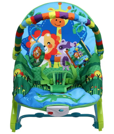 Colorful Luvlap Jungle Tales Toddler Rocker and Bouncer in shades of green and blue, featuring friendly jungle animals like a giraffe and lion. Includes a toy bar and safety harness, perfect for infant playtime. From uSmile.toys." www.usmile.toys 