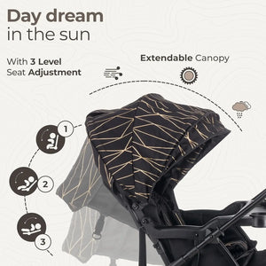 Stylish LuvLap Sunshine Plus foldable stroller for babies, featuring a sleek black and gold design, adjustable canopy, and compact fold for easy transport. www.usmile.toys