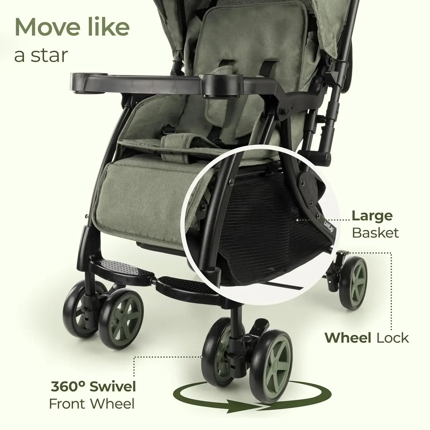LuvLap Sunshine Plus Baby Stroller in black with a modern gold abstract pattern, shown unfolded with a child tray and canopy, and compactly folded for travel. Lightweight and portable pram for infants and toddlers on usmile.toys. www.usmil.toys