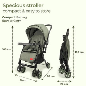 LuvLap Sunshine Plus Baby Stroller in black with a modern gold abstract pattern, shown unfolded with a child tray and canopy, and compactly folded for travel. Lightweight and portable pram for infants and toddlers on usmile.toys. www.usmil.toys