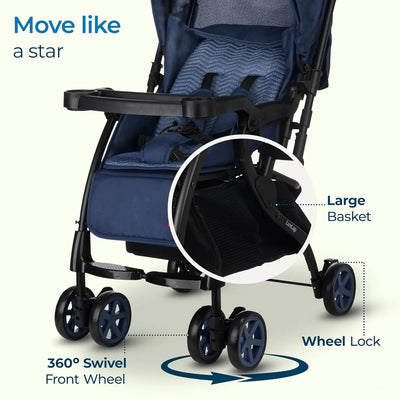 Blue LuvLap Sunshine Plus foldable stroller for babies, featuring a compact design, adjustable canopy, and removable feeding tray. Perfect for travel and easy storage. www.usmile.toys