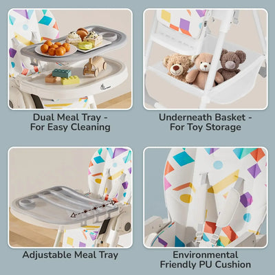 White and grey Marshmallow Lite baby high chair with 6 adjustable height levels, comfortable and secure for infant feeding, featuring a playful bear motif. www.usmile,toys