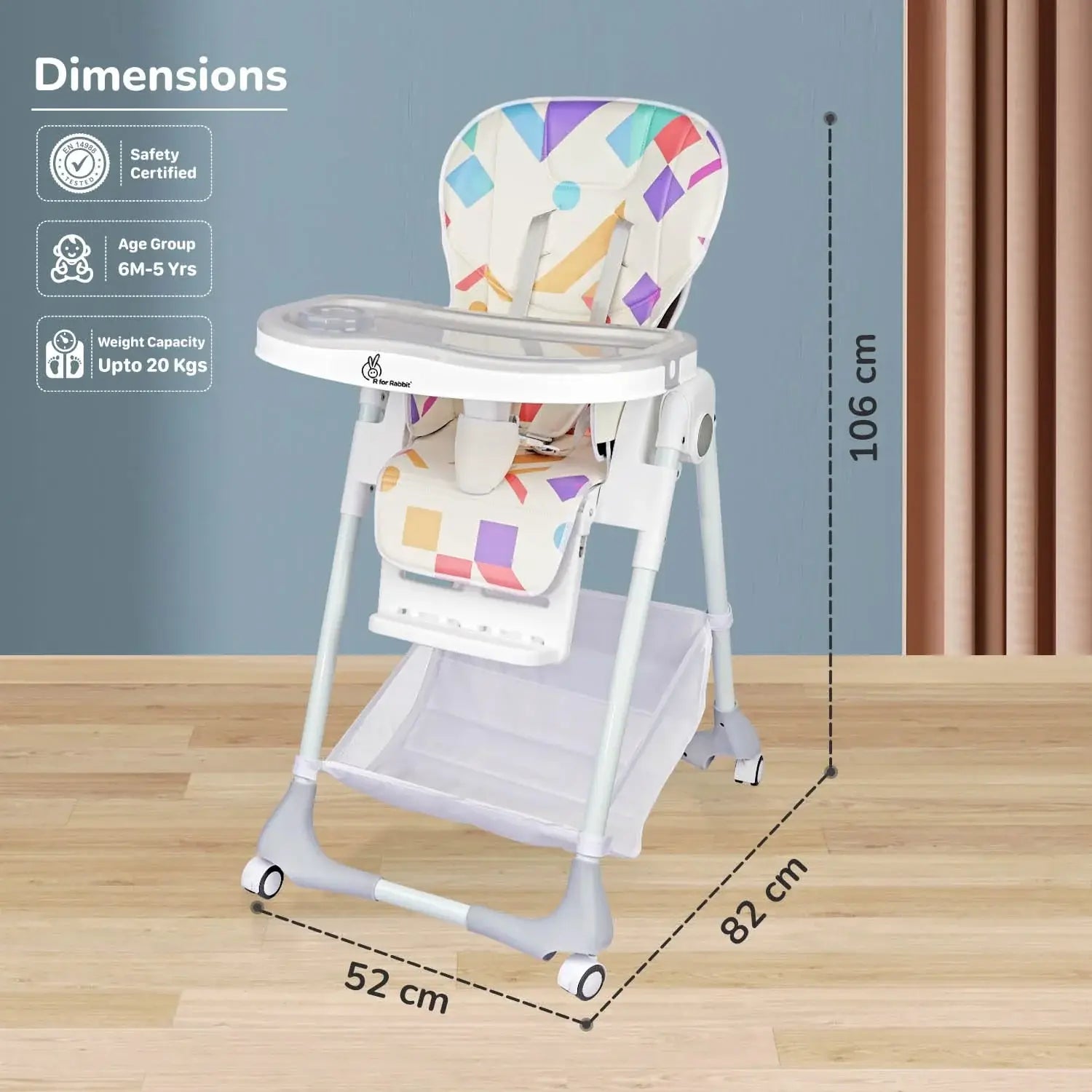 White and grey Marshmallow Lite baby high chair with 6 adjustable height levels, comfortable and secure for infant feeding, featuring a playful bear motif. www.usmile,toys